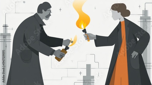 Wallpaper Mural Two people in lab coats lighting torches against an abstract, sterile backdrop Torontodigital.ca