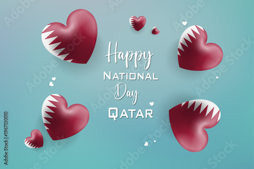Qatar National Day celebration graphic with hearts and dhow and palm emblem on maroon and white festive background