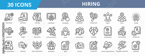 Set of outline style hiring icon. A collection of icons suitable for web and mobile application. Including internship, portfolio, training, certificate, candidate, employee, and more.