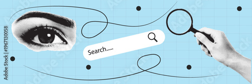 Halftone pop art dot eye magnifier search bar hand searching digital interface seo browsing concept vector illustration