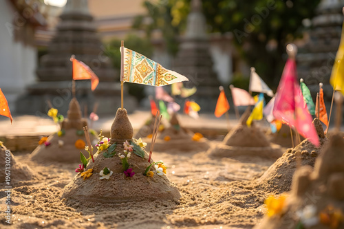 Traditional Thai Sand Pagodas with Colorful Flags at Songkran Festival