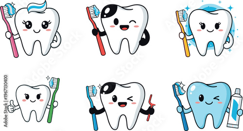 Cute Cartoon Tooth Characters Brushing Teeth Dental Hygiene Mascot Collection