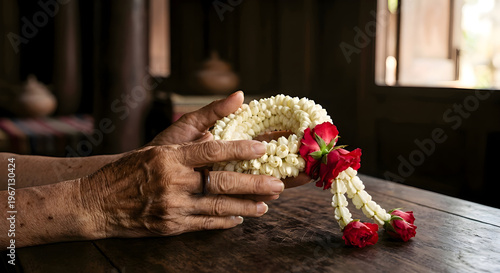 Elderly Hands Holding Thai Jasmine Flower Garland on Wooden Table
