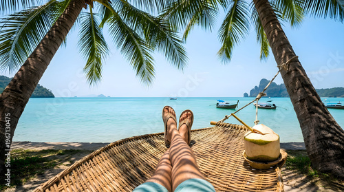 Relaxing in a Hammock with Coconut on a Tropical Beach in Thailand