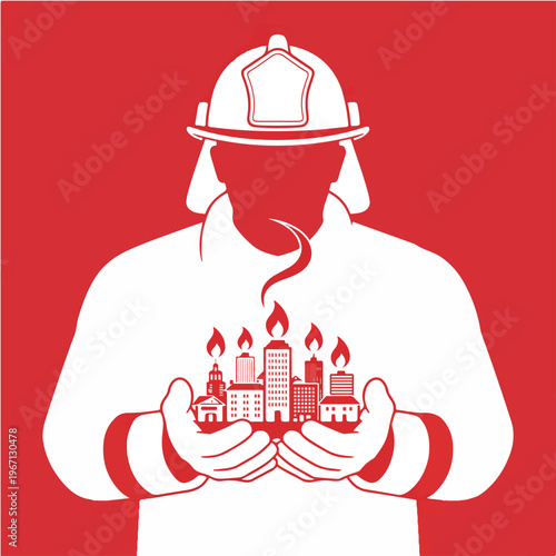 Firefighter Heroism Concept with Burning City in Hands Representing Protection Responsibility and Emergency Service Impact Illustration