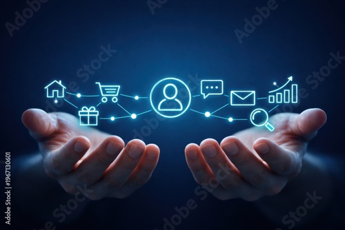 Customer journey and omnichannel experience concept with connected icons representing digital interaction ecosystem