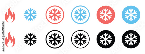 Diverse temperature and weather icons, flame and snowflake symbols in red, blue, black, featuring solid and outline styles for heating, cooling, and climate control applications, perfect for apps, web