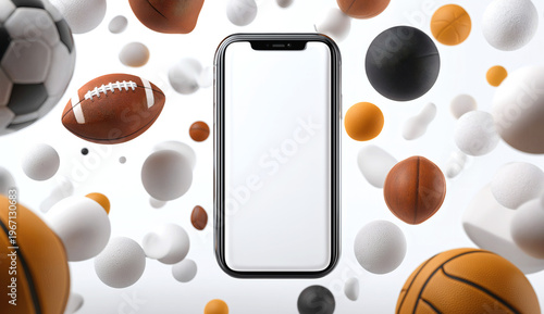 Smartphone Mockup Surrounded by Flying Sports Balls for Mobile Gaming and Betting Apps