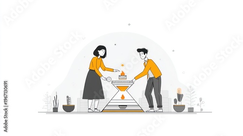 Wallpaper Mural Two stylized people add fuel to a hourglass-shaped source of flame on white Torontodigital.ca