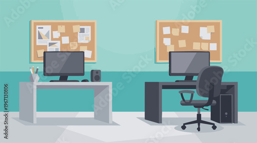 Modern minimalist office workspace with two computer desks and bulletin boards
