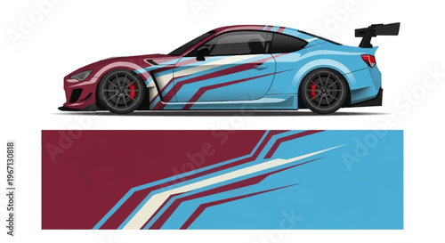 Side Profile of a Blue and Red Sports Car with Graphic Livery and Dynamic Design.