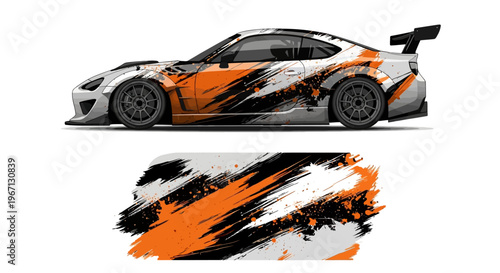 Orange and black abstract race car with dynamic graphics and motion blur.