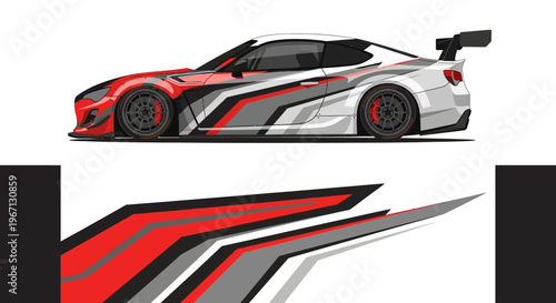 High-Performance Racing Car Portrait with Dynamic Red White Black Graphics and Aerodynamic Design.