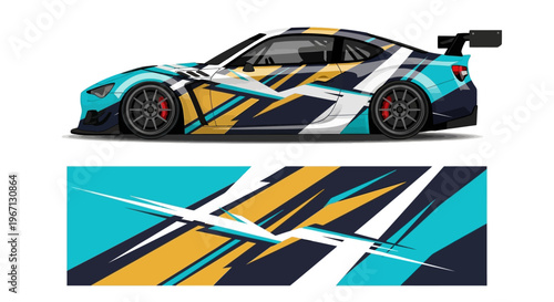 Side view of a high speed race car with blue, yellow and black geometric livery on a race track.