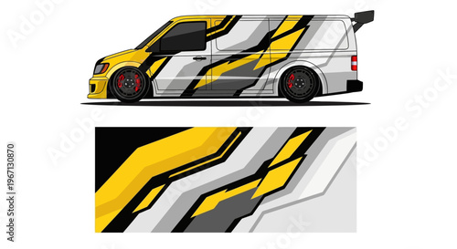 Stylized yellow and black racing inspired van with graphic stripes and bold livery.