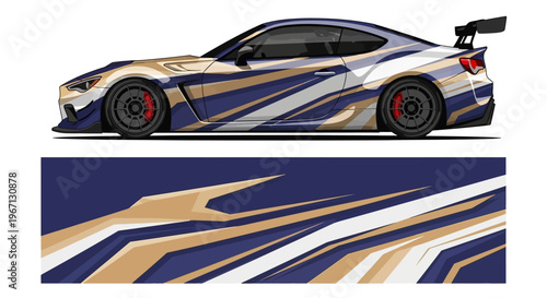 Sleek blue and gold race car with dynamic livery and aerodynamic design.