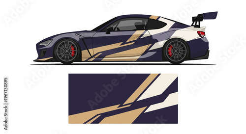 Side view of a modern sports car with bold blue and beige racing stripes and aerodynamic profile.