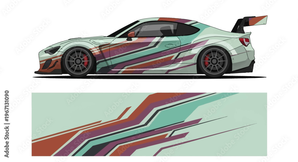 Fototapeta premium Colorful wrapped sports car with abstract stripe graphics and dynamic racing design.
