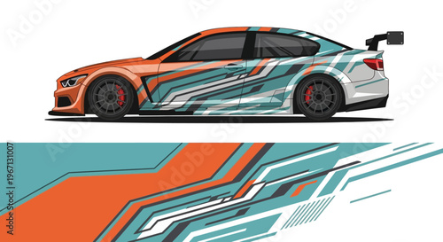 Vibrant racing car with bold blue and orange graphic race livery and dynamic vector illustration.