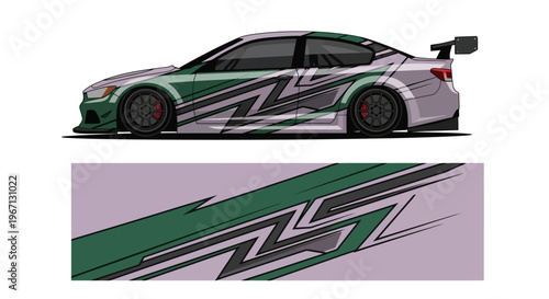 Side profile of a green and gray race car with bold geometric livery.