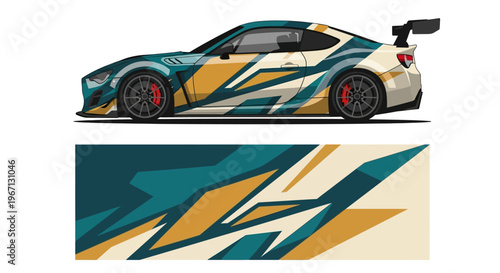 Sleek race car with bold geometric livery speeding on a track.