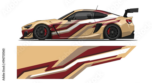 High speed race car with bold maroon and gold livery showcasing aerodynamic design and performance.