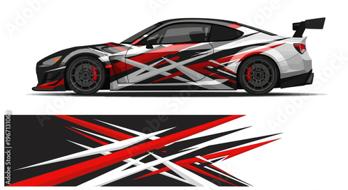Sleek white red black race car with bold graphic wrap and dynamic design.