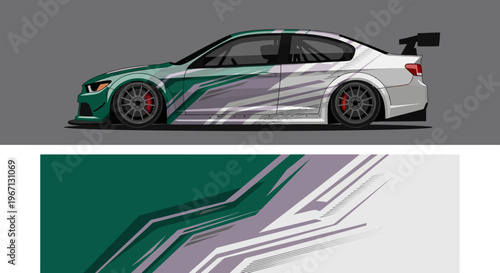 Sporty race car with teal white graphic livery and abstract design elements.