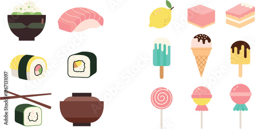Cute Flat Japanese Food and Sweet Dessert Vector Icon Collection Set