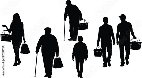 Black silhouettes set of diverse people walking and carrying shopping baskets and bags, including elderly citizens with canes and shoppers