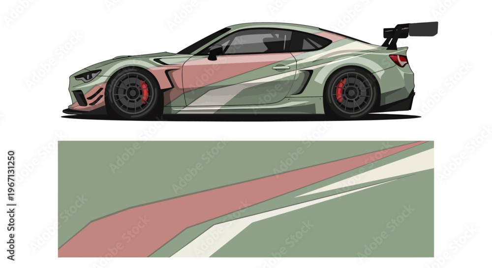 Fototapeta premium Side view of a high-performance sports racecar on a track and road.