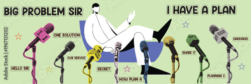 Halftone pop art dot businessman sitting chair microphone press interview news media conference concept vector illustration