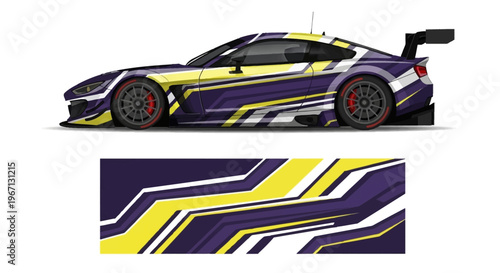 Sporty racecar with bold yellow blue purple wrap and graphic design on sleek body.