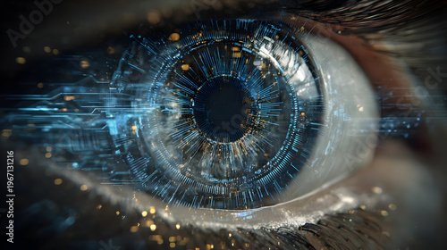 Futuristic digital eye with data streams and glowing circuits symbolizes advanced technology and innovation. intricate design evokes sense of wonder and curiosity