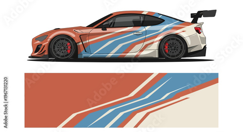 Side view of a high-performance race car with blue and orange livery, highlighting sleek lines and aggressive aerodynamic design.