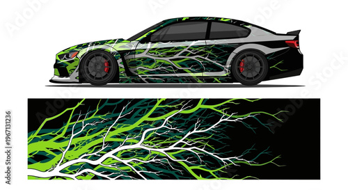 Side view sports car with neon lightning graphic wrap.