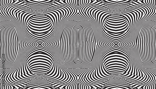 Optical illusion pattern with black and white wavy lines creating a sense of depth and distortion. featuring surreal, abstract, monochrome with
