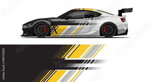 Side view racecar with striking black, white and yellow livery showcasing high speed and aerodynamic design.