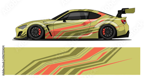 Vibrant Yellow Sports Car with Red Stripes in Aerodynamic Illustration.