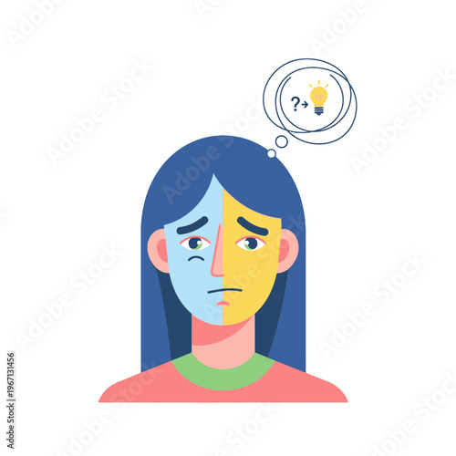 Woman with split face color, confused thought bubble, struggling to find idea