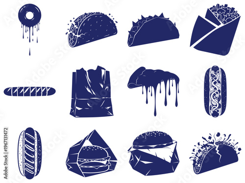 Blue fast food on white background donuts tacos