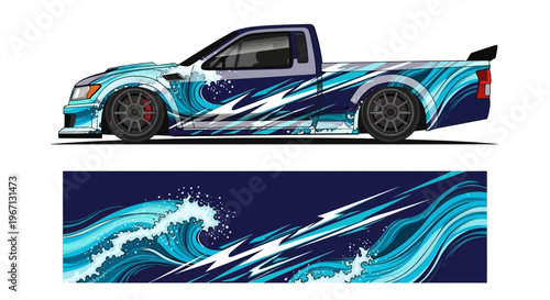 Stylized blue sports car with dynamic wave patterns and racing decals in side view.