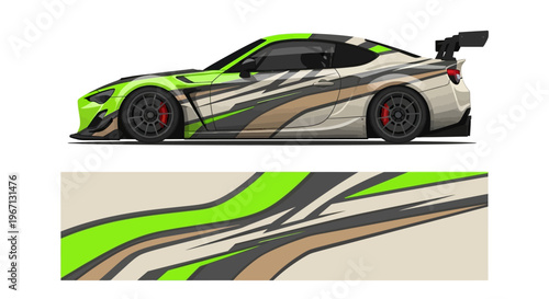 Vibrant green race car illustration with graphic wrap and dynamic curves.