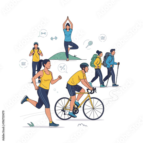 Diverse group of people enjoying outdoor recreational activities and sports