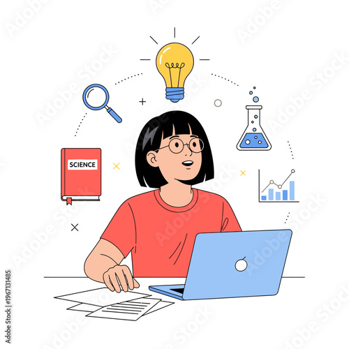Young student with laptop, lightbulb idea, science book, magnifying glass, and flask