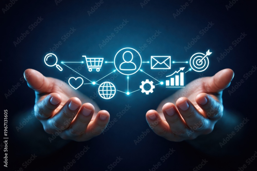 Obraz premium Customer journey and omnichannel experience concept with connected icons representing digital interaction ecosystem