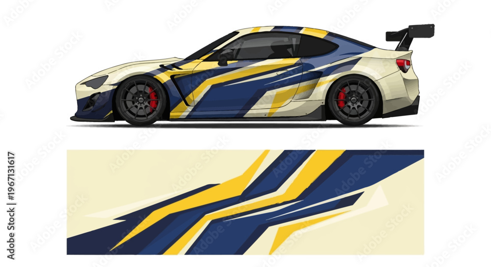 Fototapeta premium Sleek blue and yellow race car with dynamic graphics.