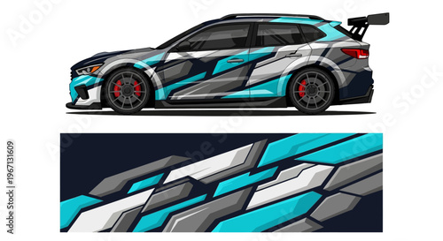 Vibrant race car with blue geometric graphics displayed on sleek side profile.