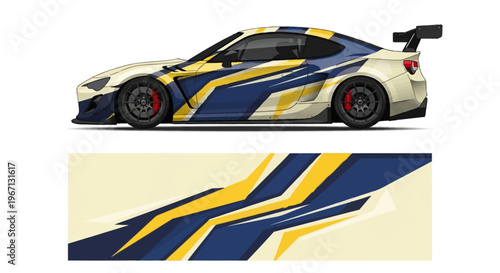 Sleek blue and yellow race car with dynamic graphics.