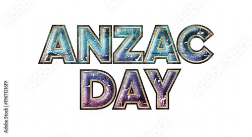 A colorful vector graphic illustration of Anzac Day text in a bold, stylized font